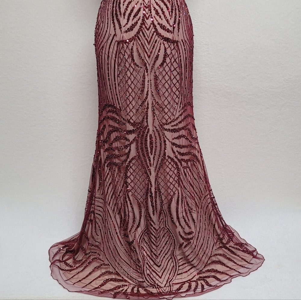 Zasa Karishma Creation Burgundy Sequin Beaded Backless Maxi Mermaid Dress 6 - Picture 4 of 11